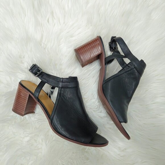 Franco Sarto Harlet Genuine Leather Black Cut Out Peep Toe Heels Boots Sandals - Picture 2 of 9